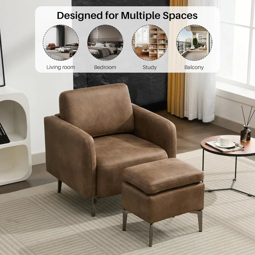Accent Chair with Ottoman Mid Century Modern Upholstered Leather Armchair
