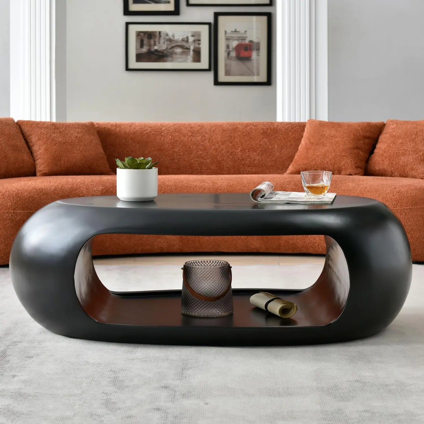 Ljustra Lumisol 53.93” Oval Coffee Table Modern Fiberglass Storage Shelf