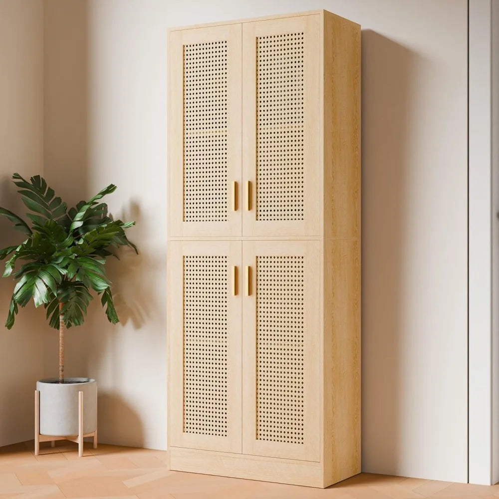 Ljustra 71 Inch Tall Rattan Kitchen Pantry Cabinet with Doors and Shelves
