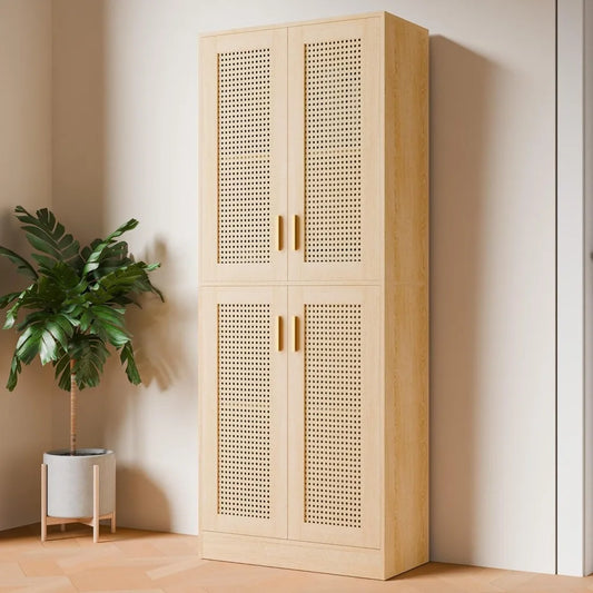 Ljustra 71 Inch Tall Rattan Kitchen Pantry Cabinet with Doors and Shelves