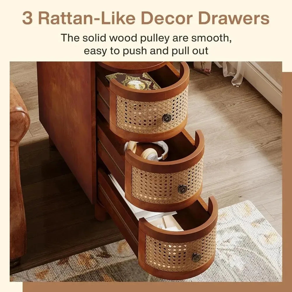 Solid Wood Rattan 3-Drawer End Table Nightstand for Living Room