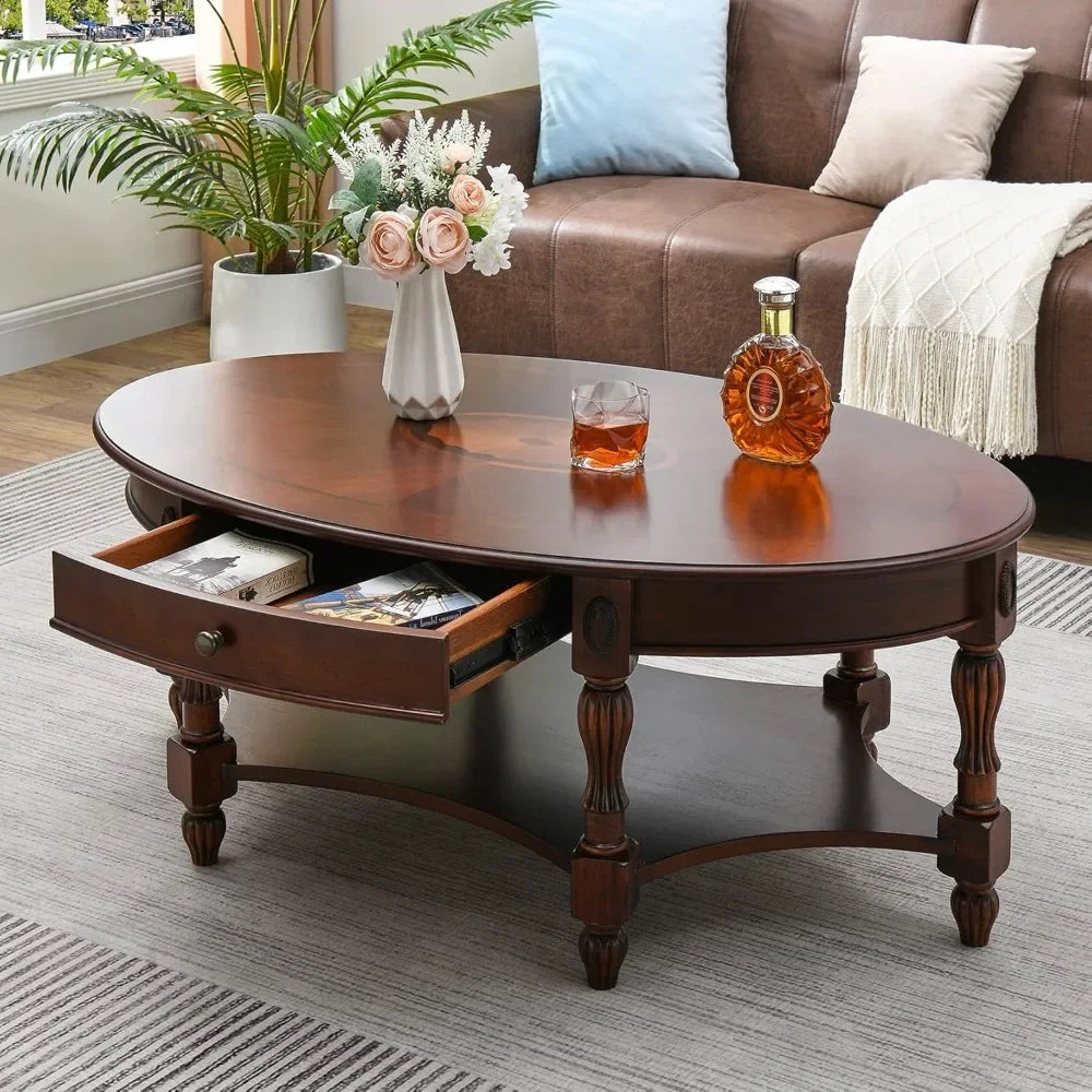 Solid Wood Coffee Table with Drawer Storage Shelf Oval Design Living Room