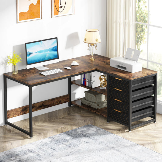 L Shaped Computer Desk with Storage Drawers Reversible Corner Desk
