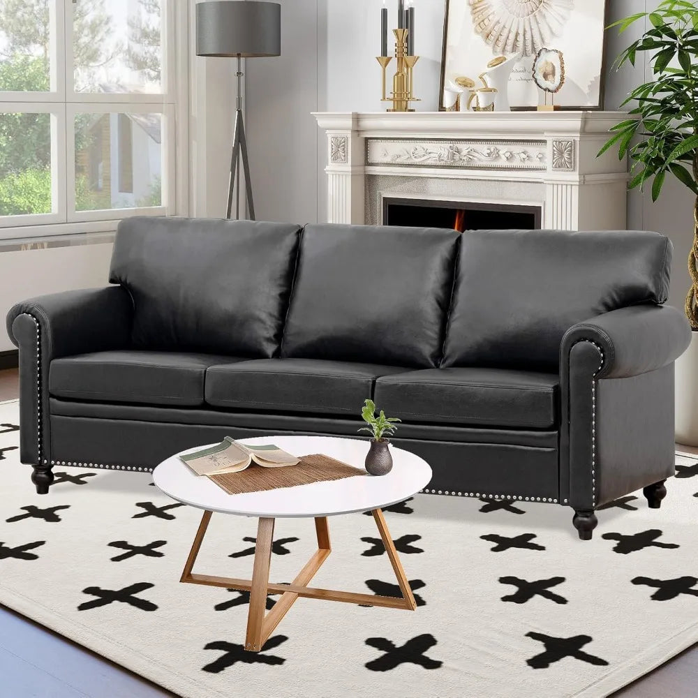 Ljustra Black Faux Leather 3-Seater Office Couch Modern Sofa