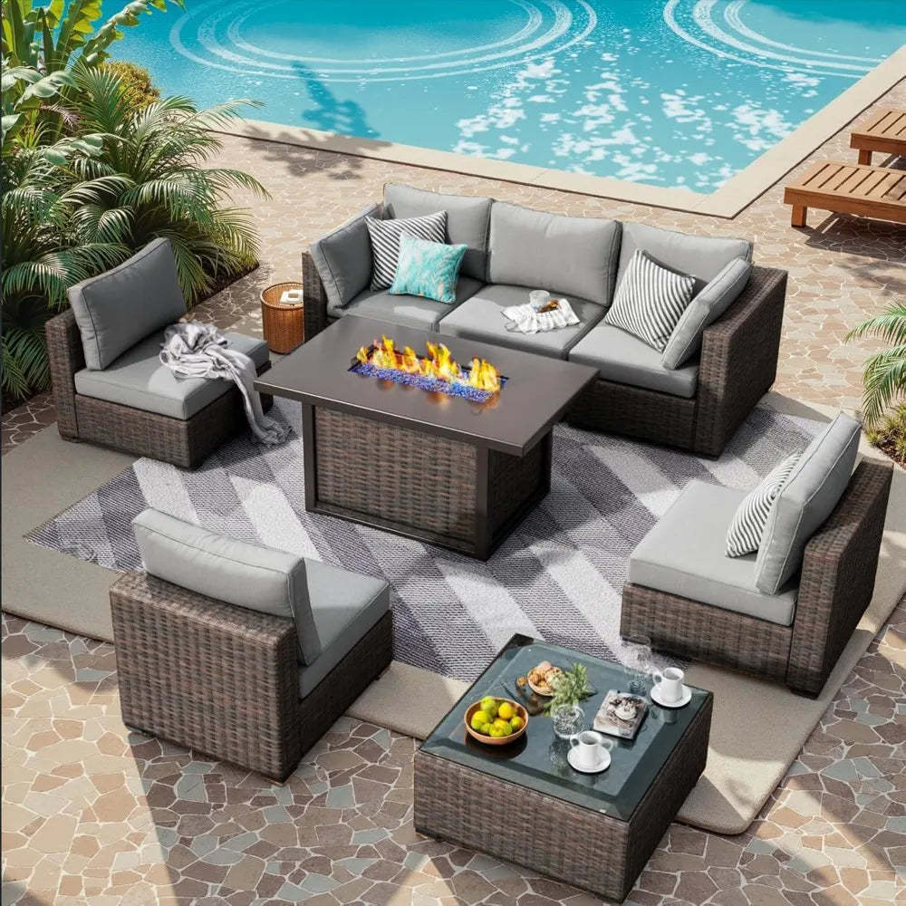 Ljustra 8 Piece Patio Furniture Set with Fire Pit Table Rattan Sectional