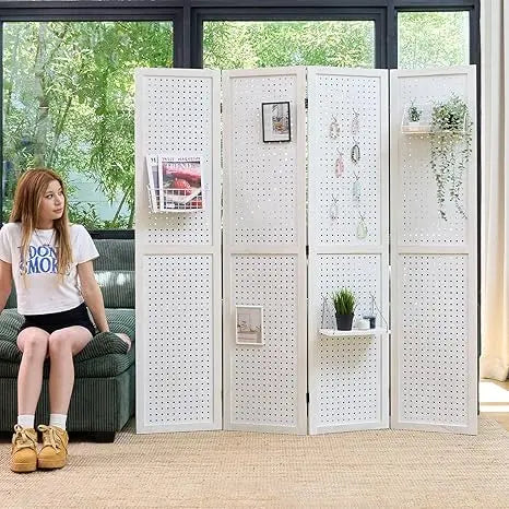 Room Divider Folding Pegboard Privacy Screen 4-Panel Display Stand