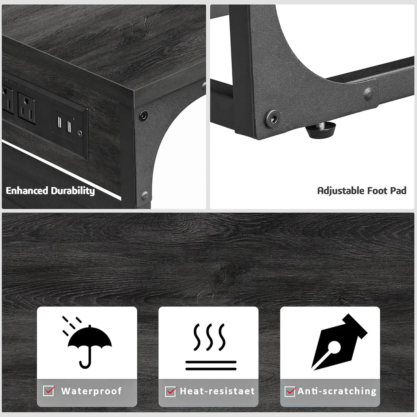 C Shaped End Table Set with USB Ports for Sofa Couch Storage Bag
