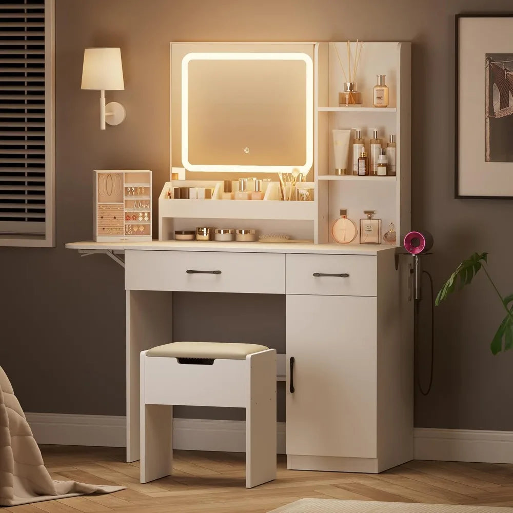 Vanity Desk with Mirror Lights Power Outlet Makeup Table Storage
