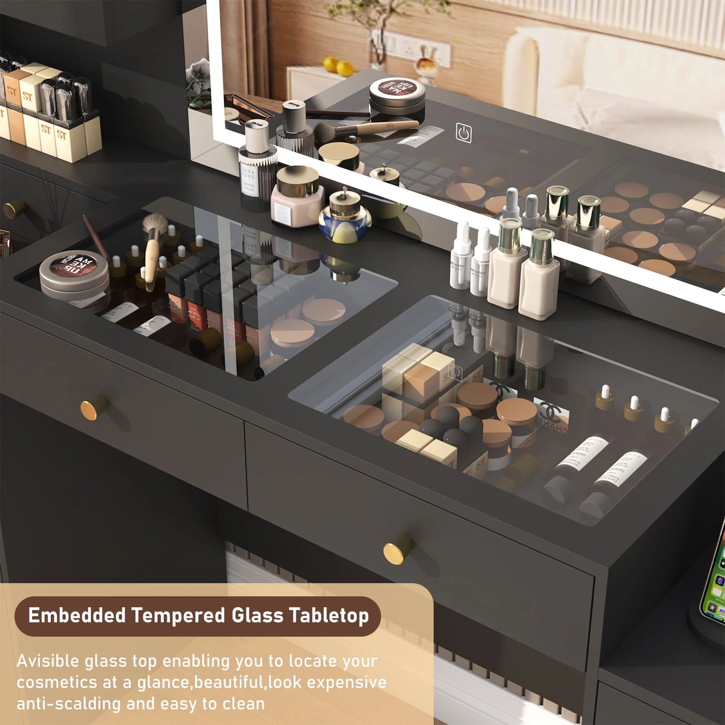 61.7" Large Vanity Desk with Mirror Lights Charging Station Storage