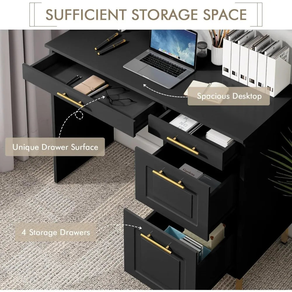 Modern Black Desk with Drawers and Golden Handles for Home Office
