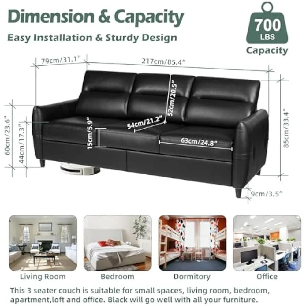 85" Faux Leather Sofa Black 3-Seater Couch with USB & Cup Holders, Modern Mid-Century Design