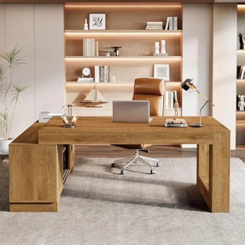 L Shaped Executive Desk with Storage Cabinets 63 Inch Modern Office Furniture