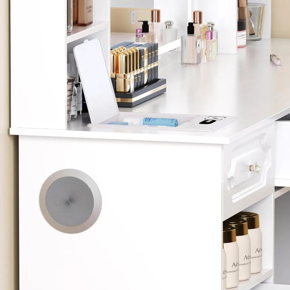 Dressing Table Vanity Desk with Mirror Lights Bluetooth Speaker Makeup