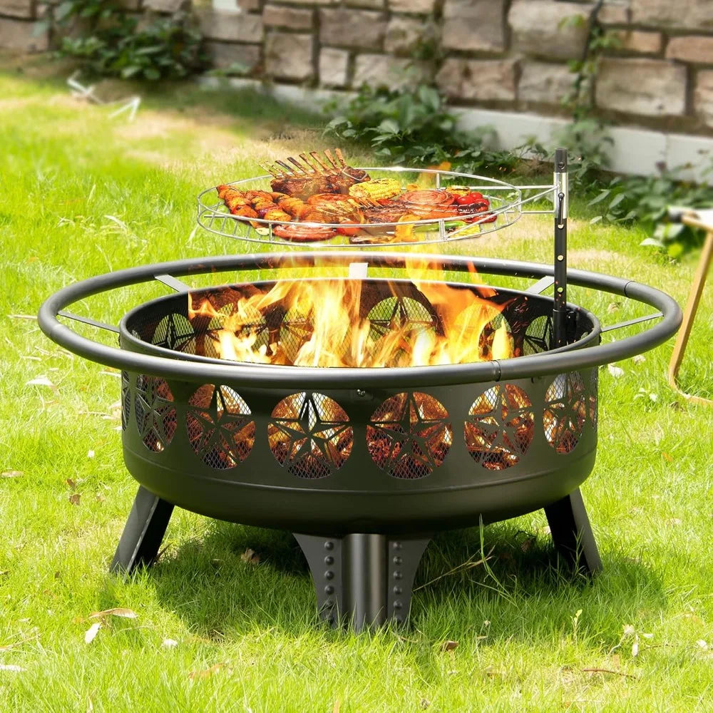 38 Inch Wood Burning Fire Pit Outdoor 3-in-1 Grill Table with Screen