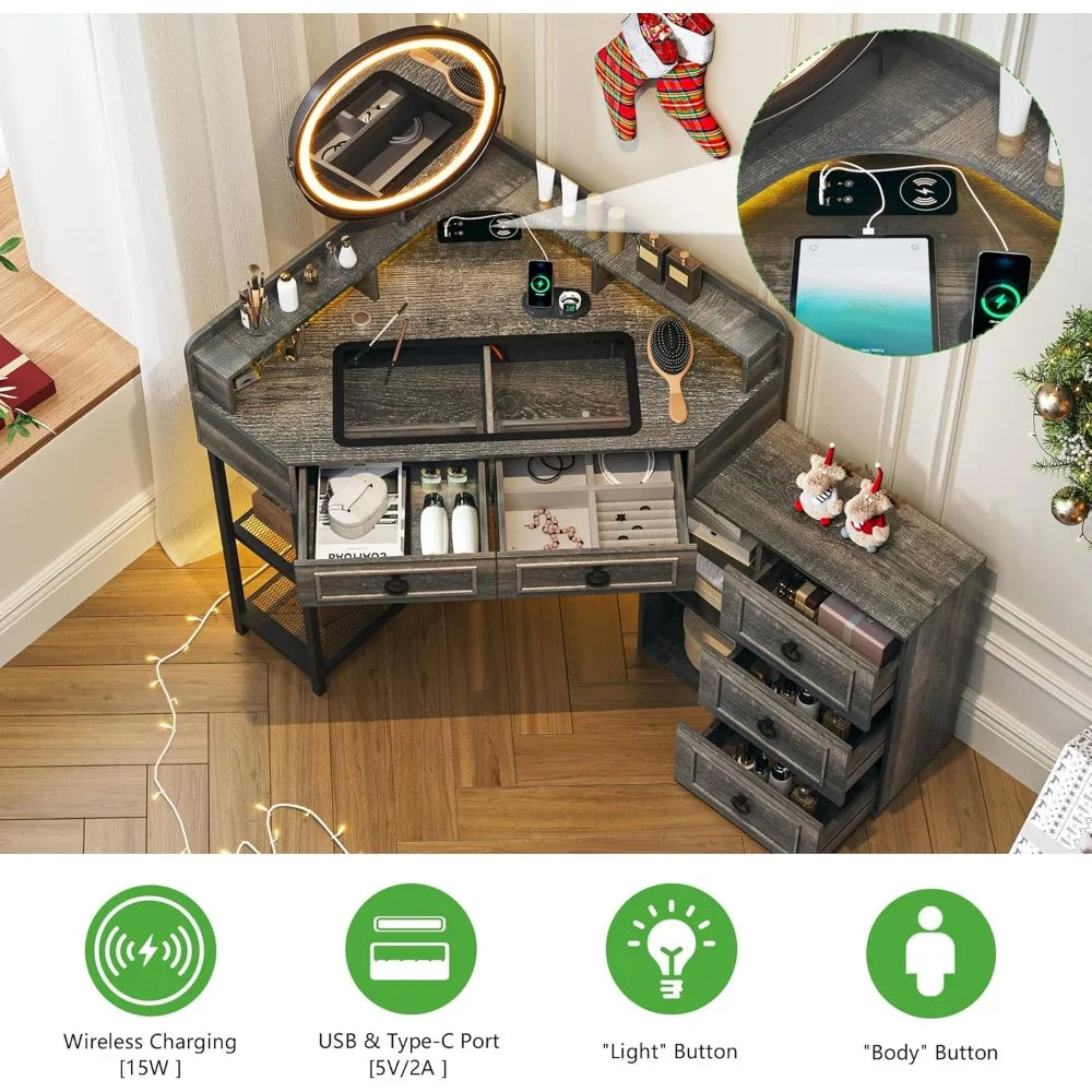 Corner Vanity Desk with LED Mirror Charging Station Makeup Organizer