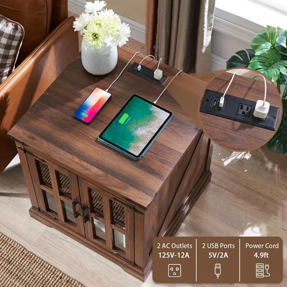 Farmhouse End Table with Charging Station Rustic Nightstand 24 Inch