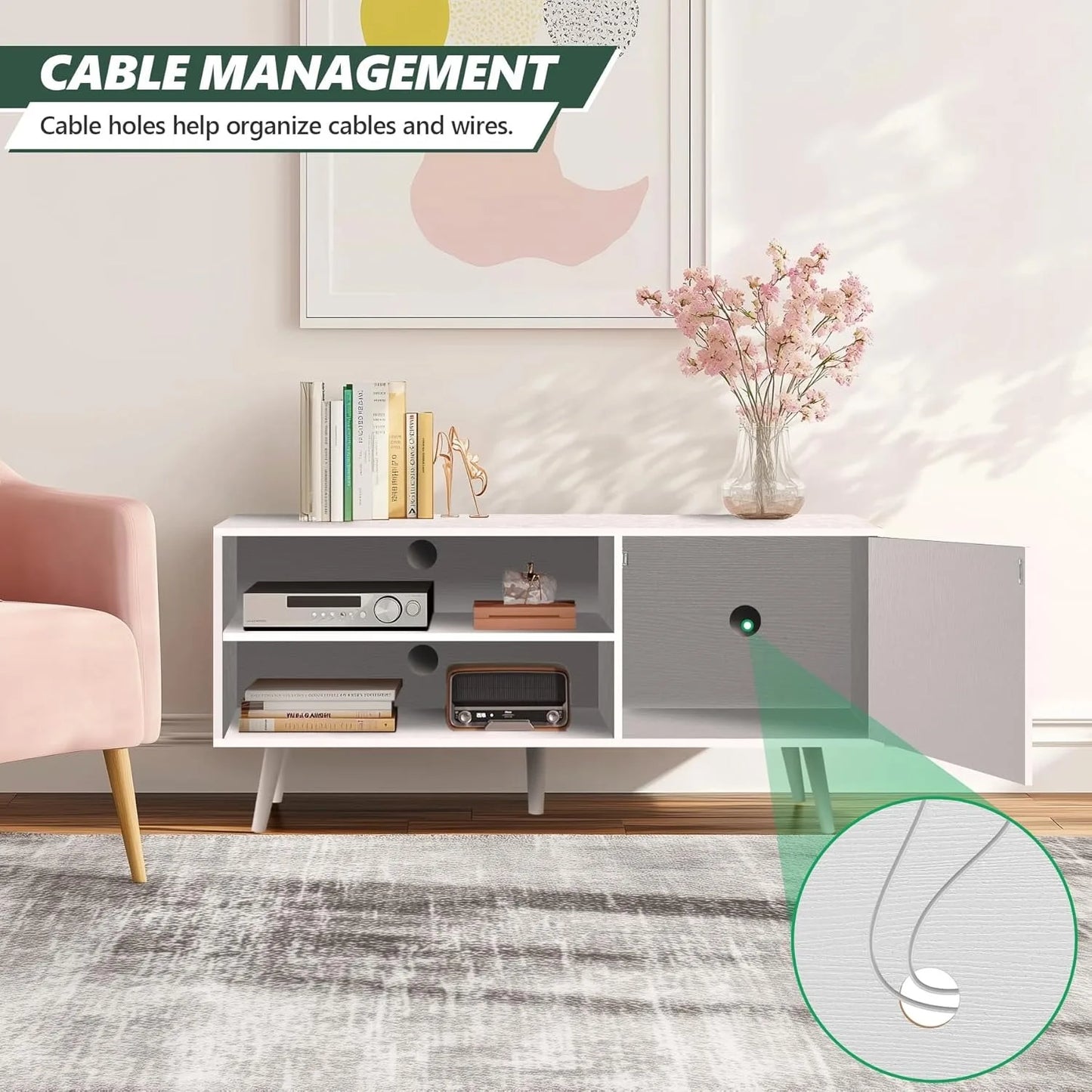 White Wood Modern TV Stand Entertainment Center with Storage Cabinet