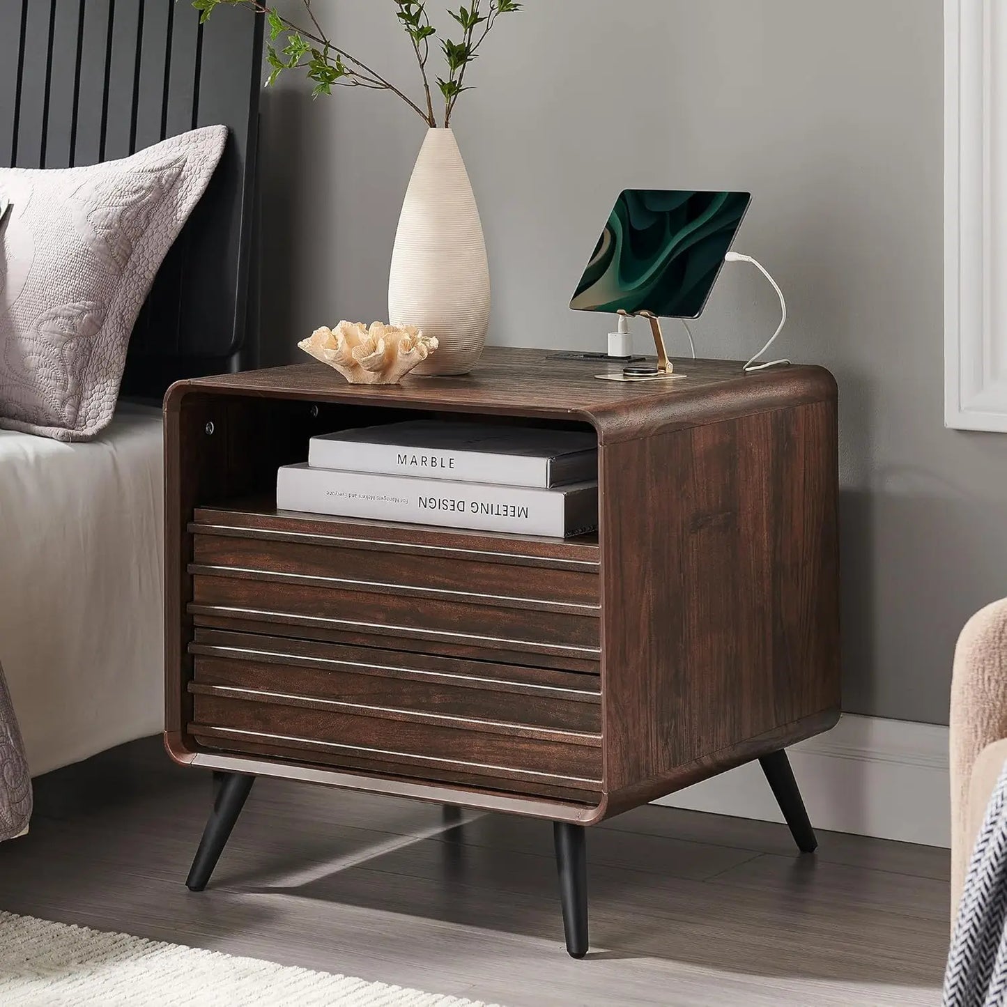 24 Inch Nightstand with Charger Station Mid Century Modern End Table