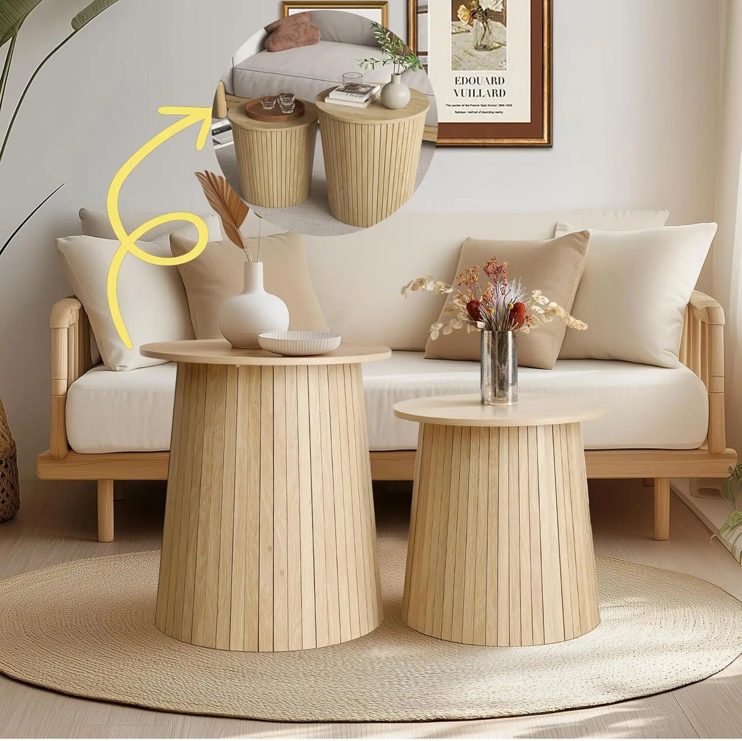 Nesting Coffee Table Set of 2 Round End Table with Storage Farmhouse Style