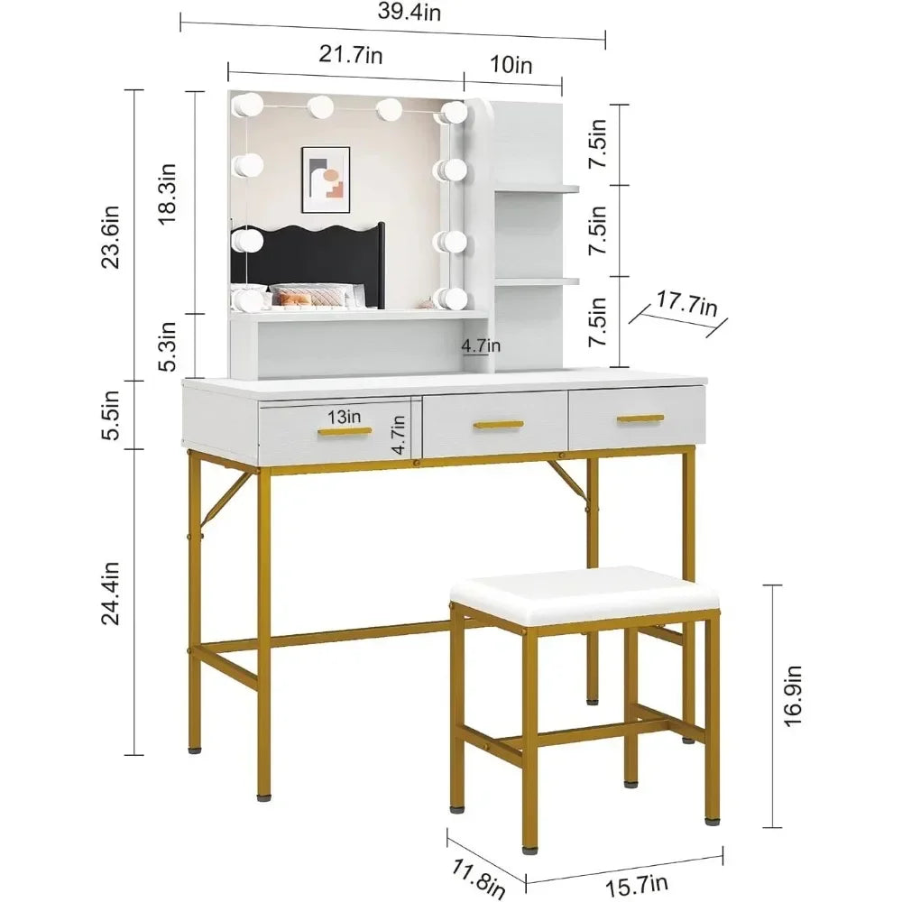 Vanity Table with Lighted Mirror and Cushioned Stool for Makeup