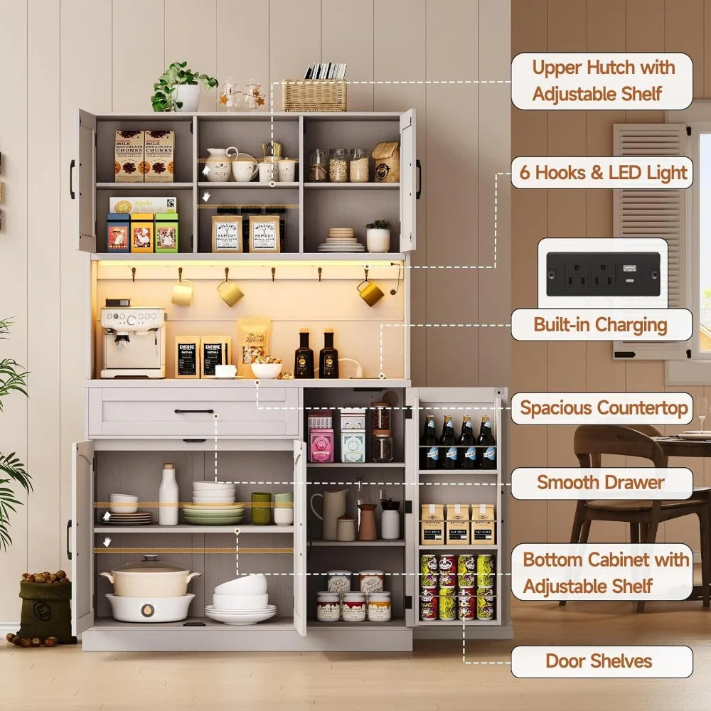 71 Inch Pantry Cabinet Kitchen Storage Hutch with LED Light and Outlet