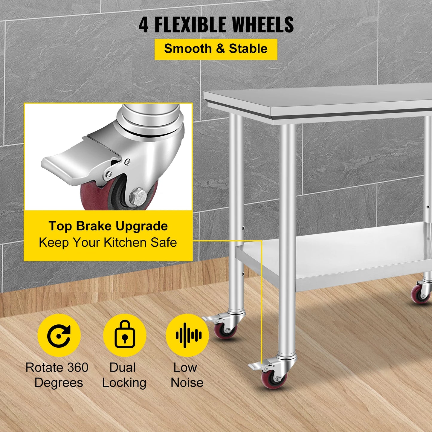 VEVOR Stainless Steel Kitchen Worktable with Caster Wheels for Storage