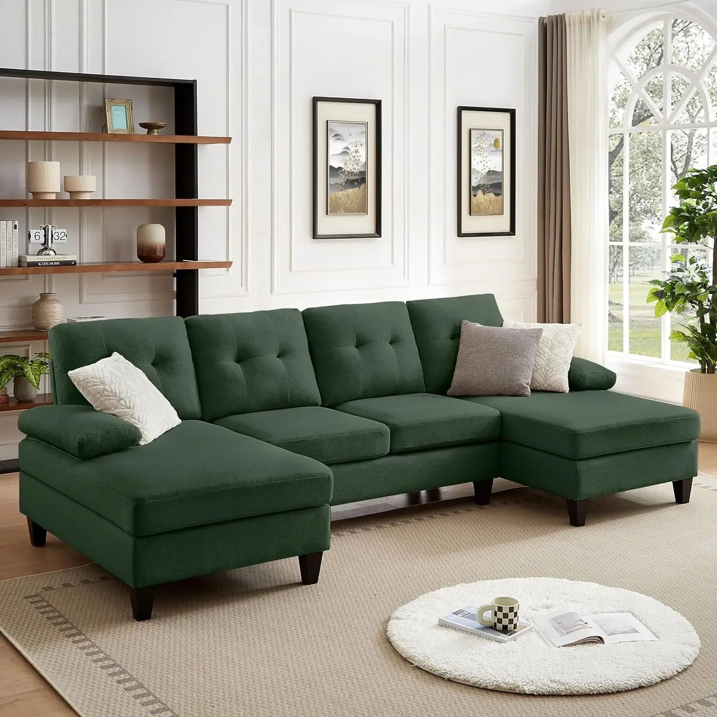 Modern U-Shaped Sectional Couch Polyester 4-Seater Double Chaise