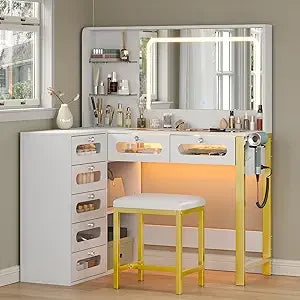 Modern Vanity Desk with Mirror and RGB Drawers Power Outlet Makeup Station