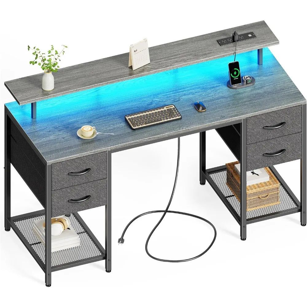 55 Inch Computer Desk with Drawers LED Lights Power Outlets Gaming Desk