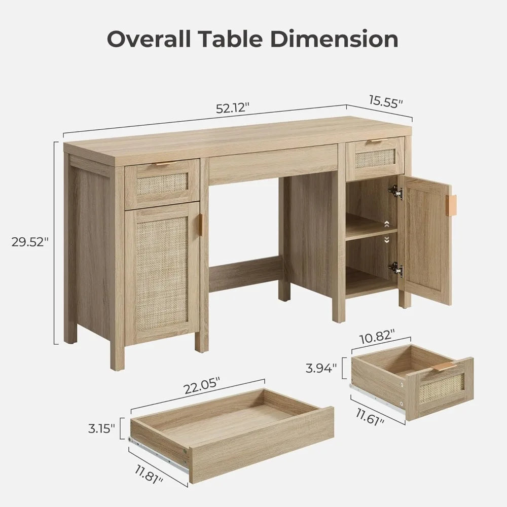 Rattan Vanity Desk 52" Large Boho Makeup Dressing Table with Storage