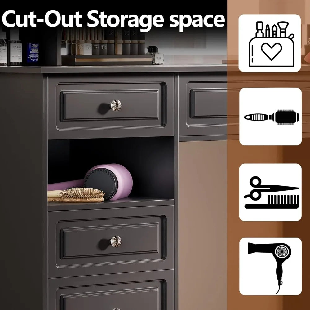 Black Vanity Desk with Lighted Mirror and 9 Storage Drawers for Makeup