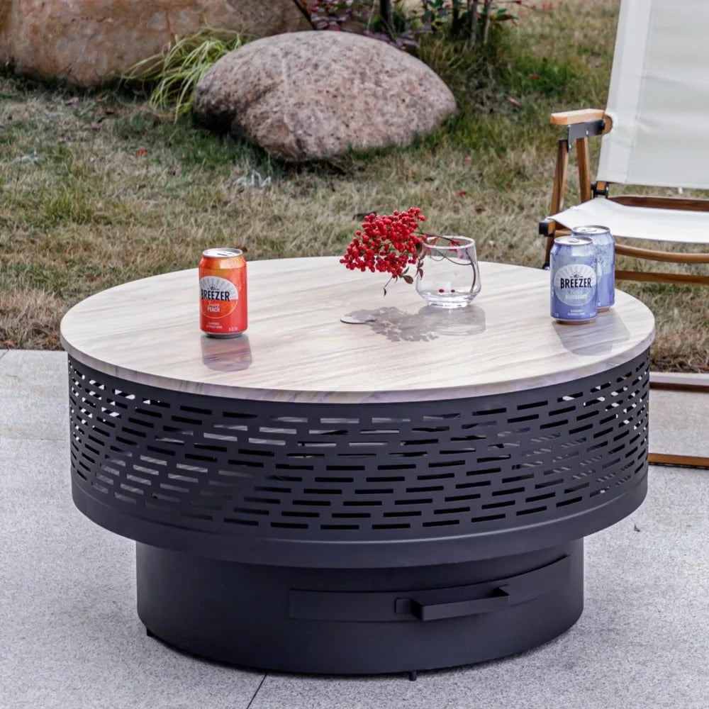 32 Inch Wood Burning Fire Pit Table with Grill Lid Waterproof Cover