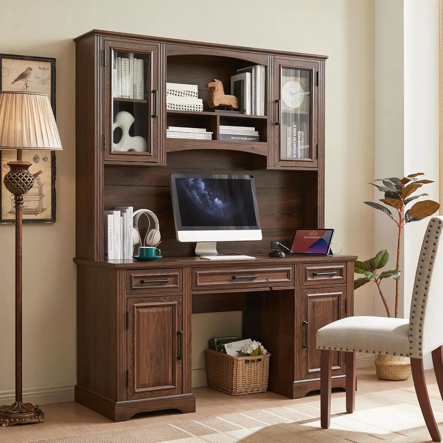 58 Inch Executive Desk Farmhouse Style Computer Desk with Storage