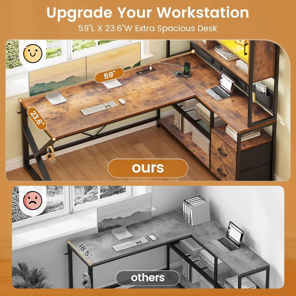 L Shaped Computer Desk with Drawers Bookshelf LED Light Gaming Home Office