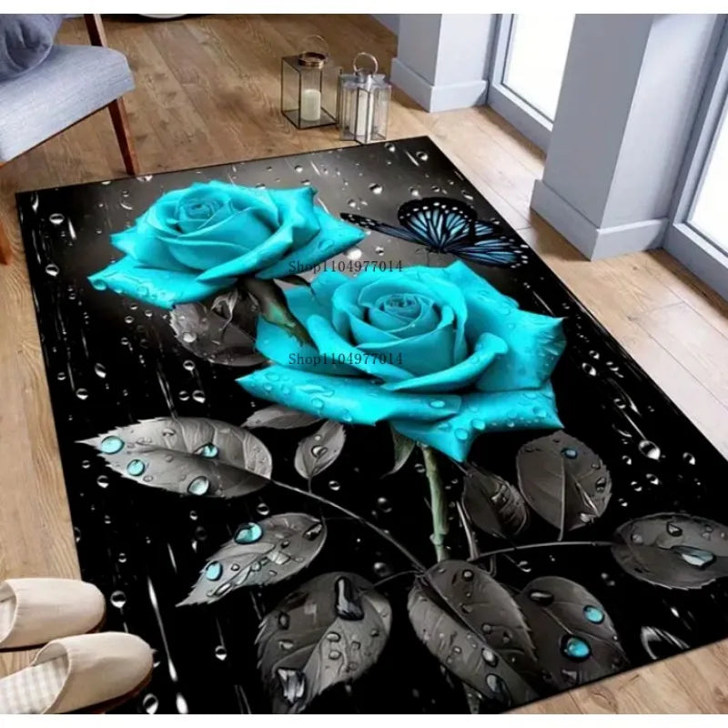 Blue Rose Pattern Carpet Soft Non-Slip Mat for Kitchen Bathroom Living Room