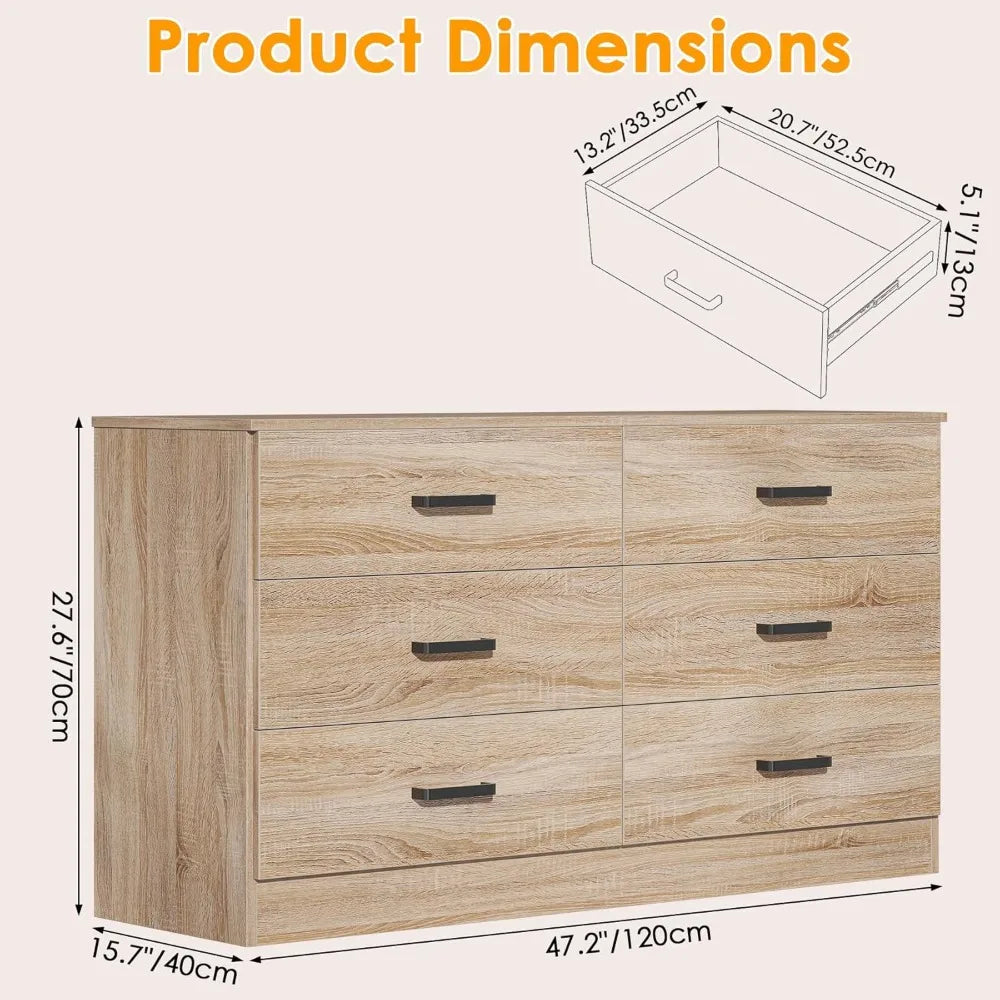 Modern 6 Drawer Dresser Double Chest of Drawers Bedroom Storage Organizer