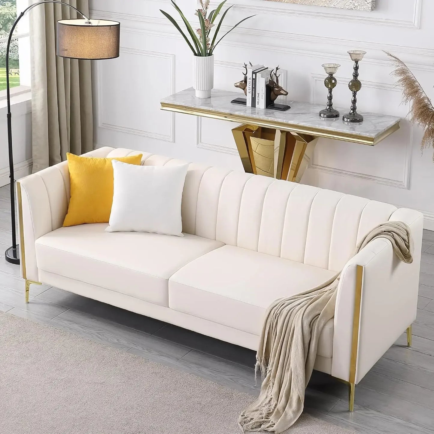 Modern White Faux Leather 3 Seater Sofa with Gold Legs and Pillows