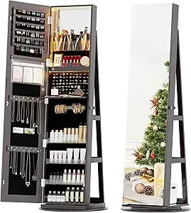 360 Degree Swivel Jewelry Cabinet Full Length Mirror Storage Organizer