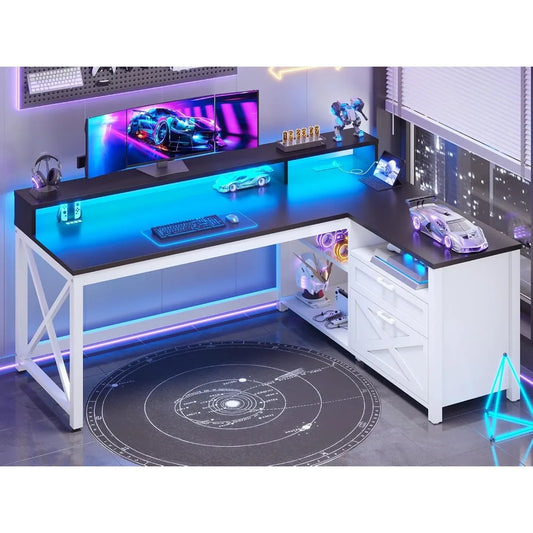 L Shaped Gaming Desk with LED Lights Power Outlet Storage Drawers