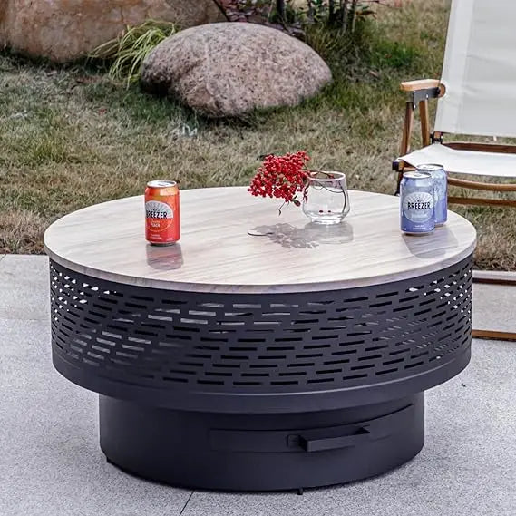 32 Inch Wood Burning Fire Pit Table with Grill Lid Waterproof Cover