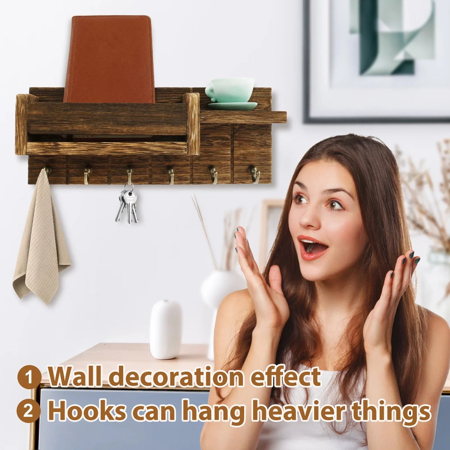 Wall Mounted Mail Organizer Key Holder with Shelf Hooks for Entryway