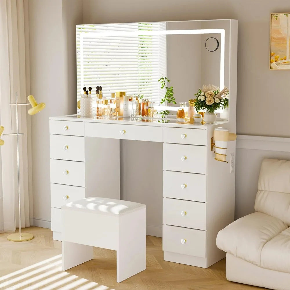 Glass Top Vanity Desk with 11 Drawers LED Mirror and Stool for Makeup
