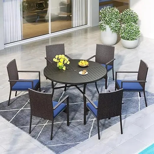 7 Piece Patio Dining Set Round Table 6 Wicker Chairs Outdoor Furniture