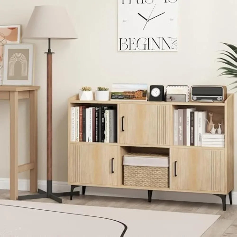 "Storage Cabinet, Sideboard with 3 Doors & 3 Open Compartments – Bookcase with 5 Metal Legs, Multi-Functional Buffet Table Desi