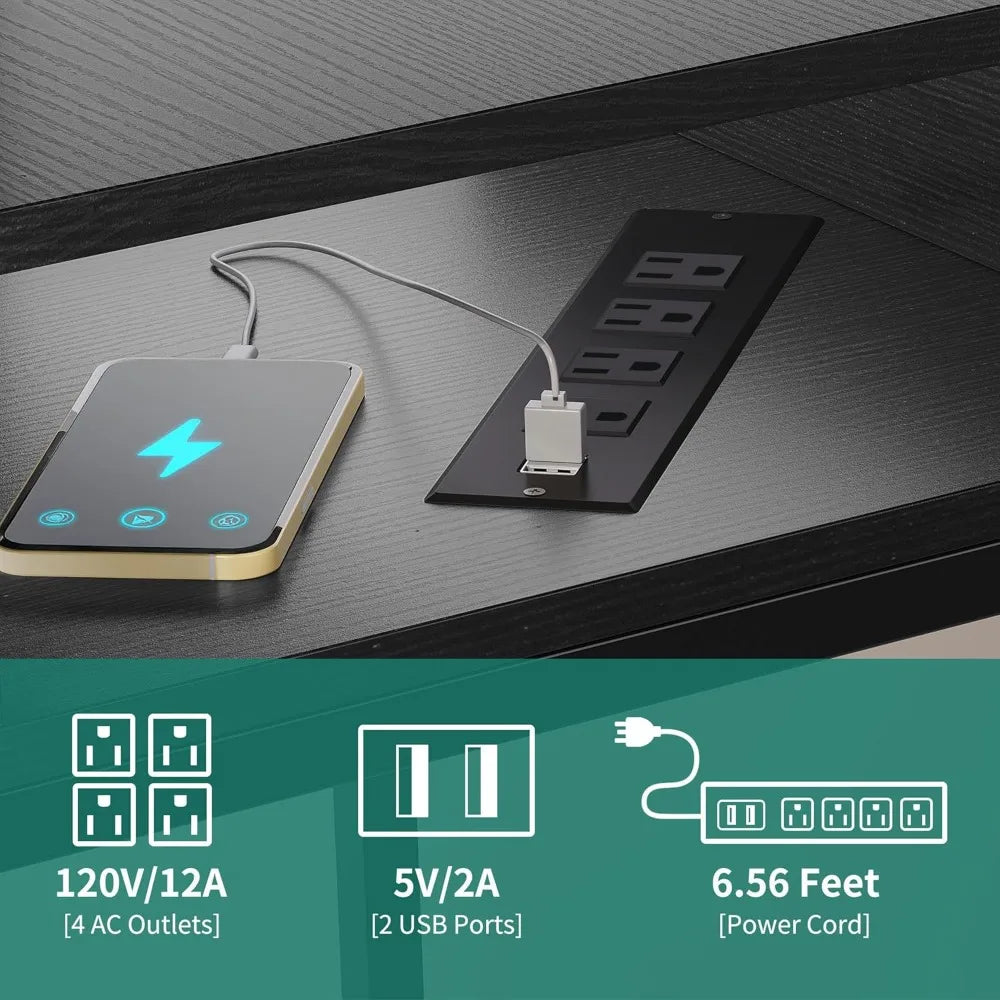 L Shaped Desk with Power Outlets LED Lights File Drawer Home Office