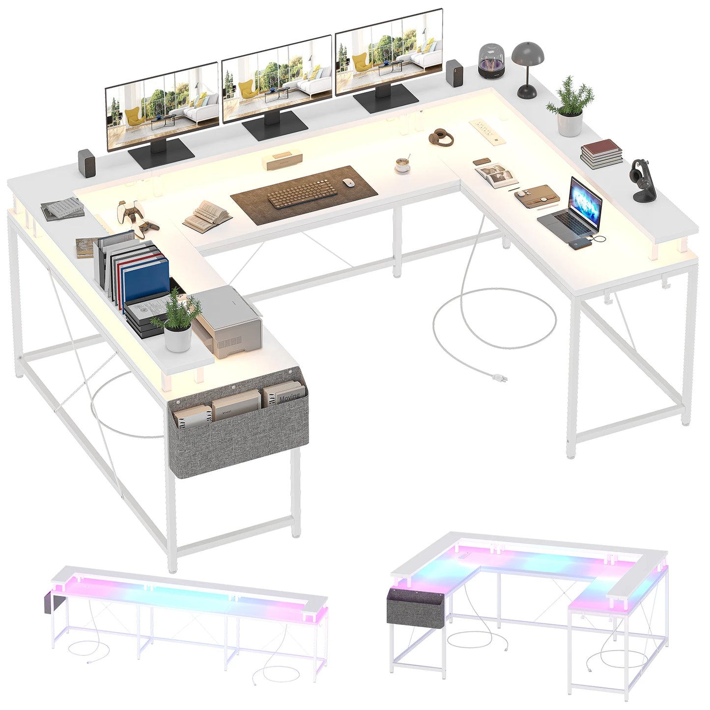 Modern L-Shaped Computer Desk with LED Lights Power Outlet and Shelves