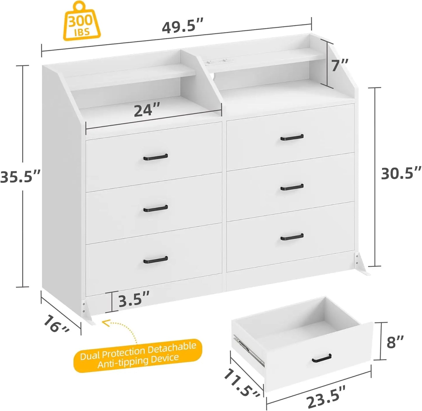 6 Drawer Dresser LED Light Charging Station Modern Storage Cabinet