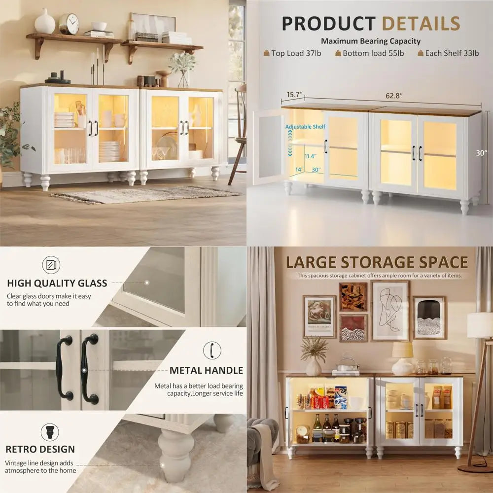 Sideboard Buffet Cabinet with Glass Doors Adjustable Shelves Modern Storage