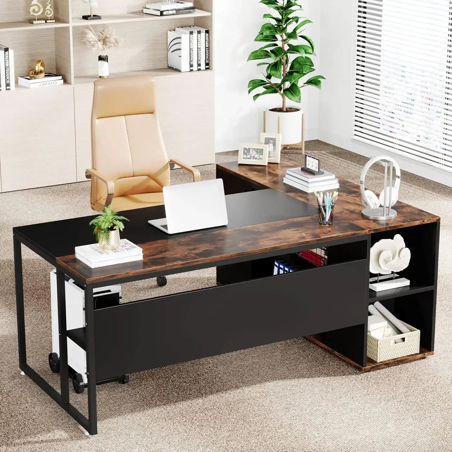 L Shaped Executive Desk with Cabinet and Shelves for Home Office