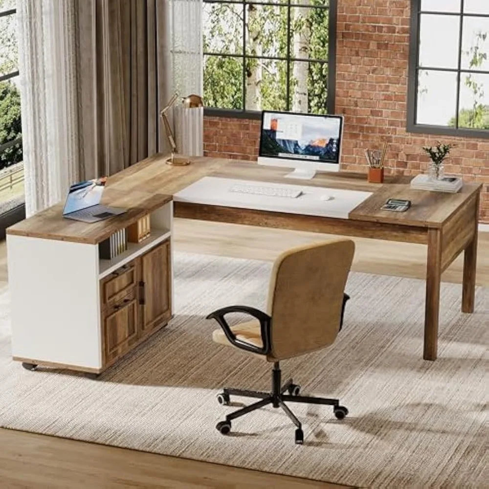 L-Shaped Executive Desk with File Cabinet Home Office Computer Desk